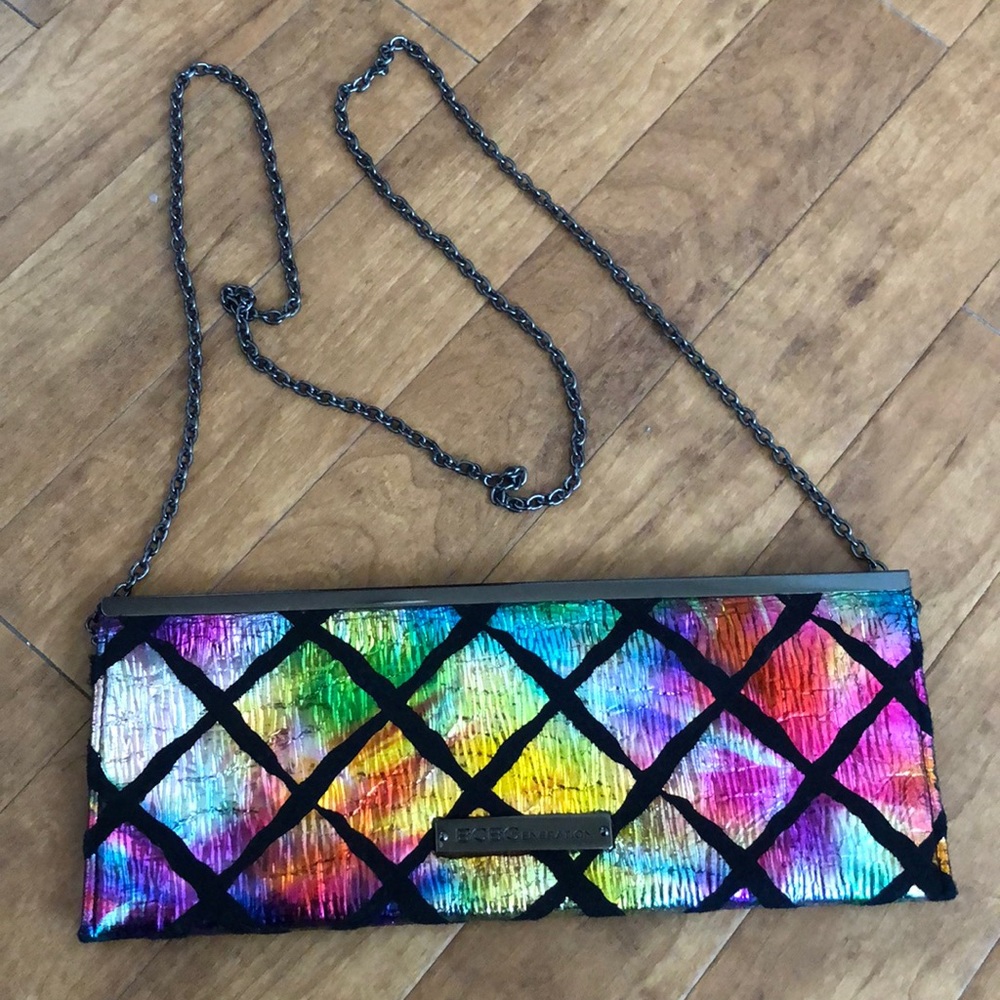 Rainbow metallic BCBG clutch